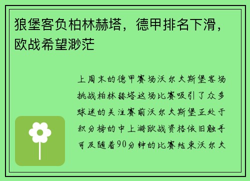 狼堡客负柏林赫塔，德甲排名下滑，欧战希望渺茫